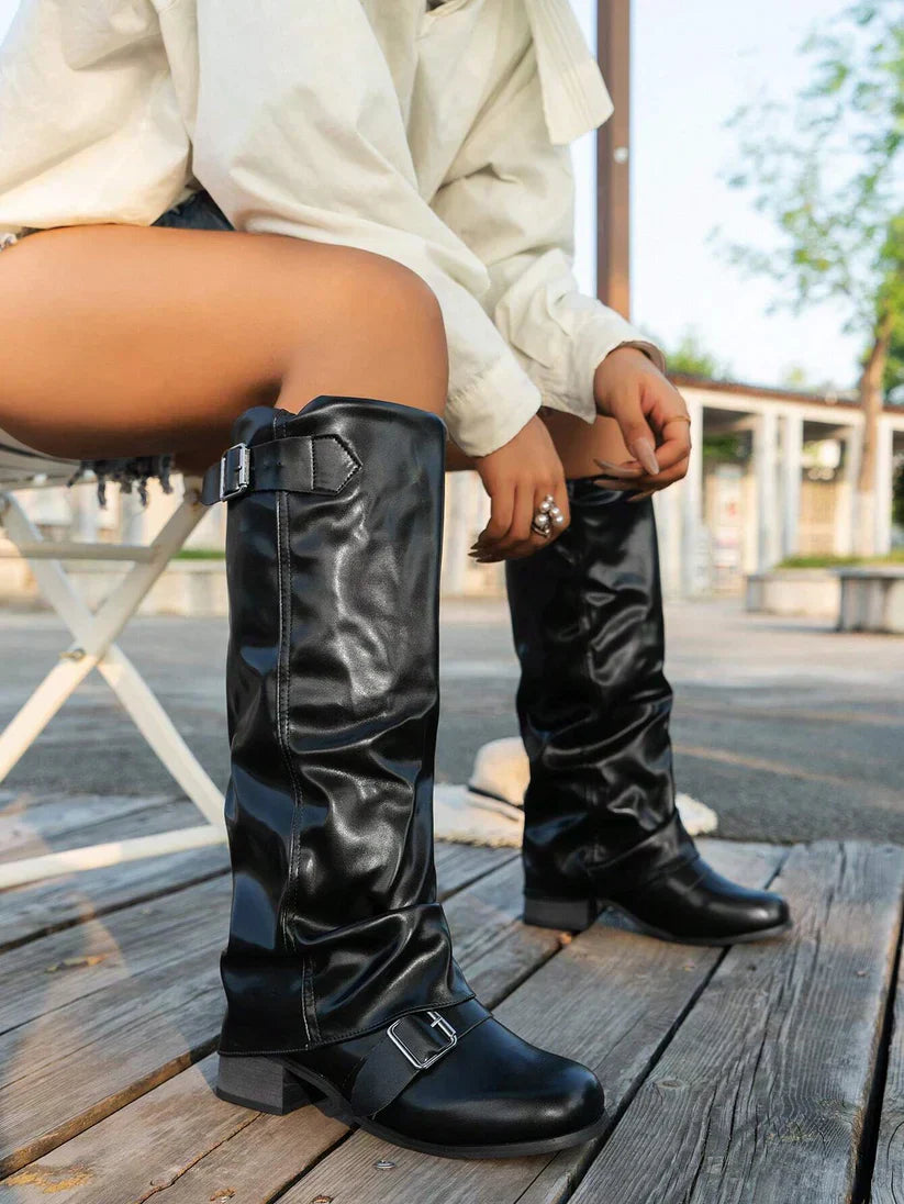 EB | Elegante Damen Knielange Stiefel mit Schnallen Detail