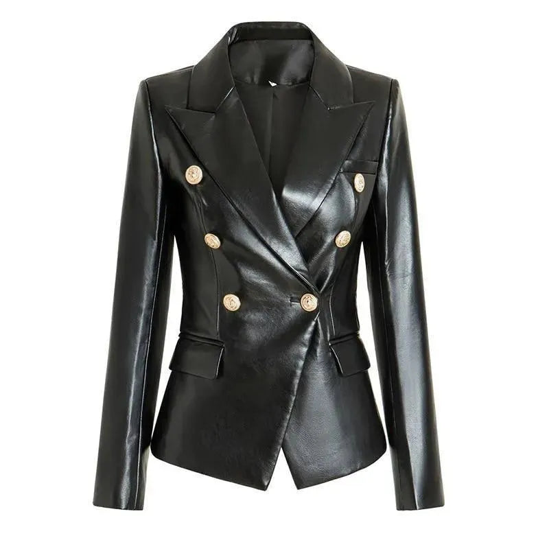EB | Schwarze Lederblazer Damen - Formal-Geschäft - Uni-Einfarbig