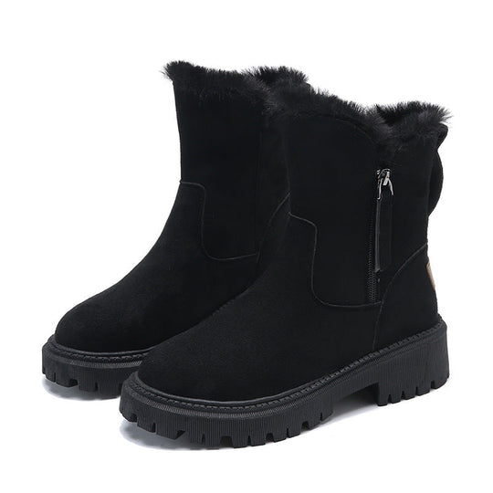 EB | Knöchelhohe Stiefel – Wildleder-Obermaterial – Kunstfell Gefüttert – Chunky Profilsohle – Seitenreißverschluss