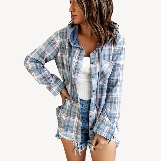 EB | Damen Karierte Button-Down Hemdjacke mit Kapuze