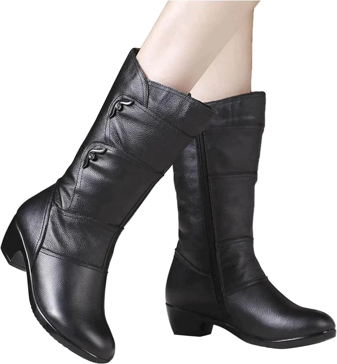 EB | Mid Calf Stiefel Lederähnliche Optik Seitenreißverschluss Niedriger Absatz Figurbetonte Silhouette