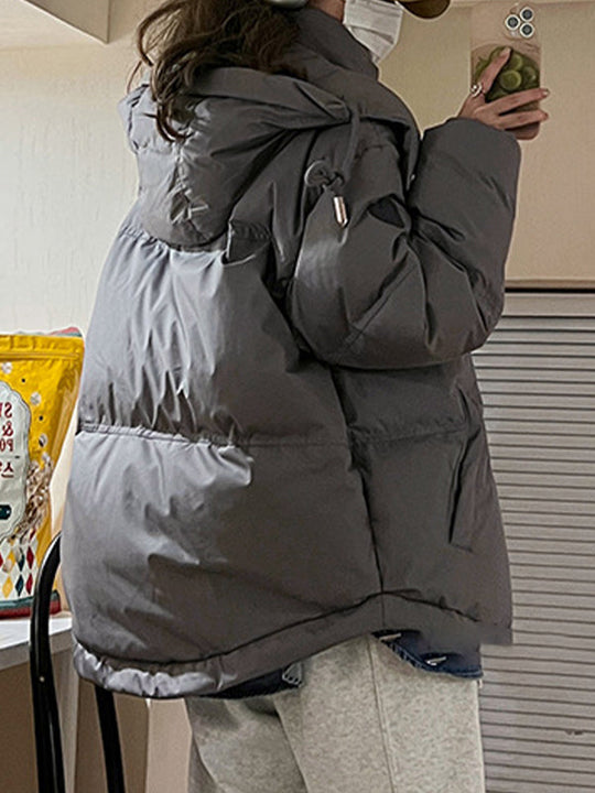 EB | Graue Einfarbige Herz Dekorierte Kapuzen-Pufferjacke