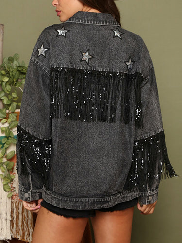 EB | Fransen Details Lange Ärmel Denimjacke
