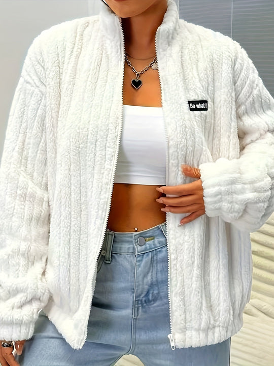 EB | Plüsch Zip-up Jacke mit Text-patch Polyester Weich und Warm
