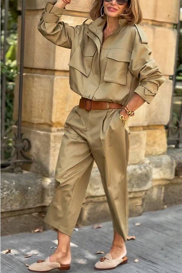 EB | Charm Strap Details Pocketed Cargo Stil Reißverschluss Lockere Jacke