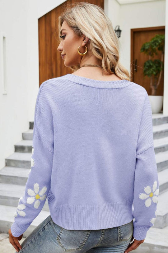 EB | Floral Ribbed Trim Drop Shoulder Cardigan