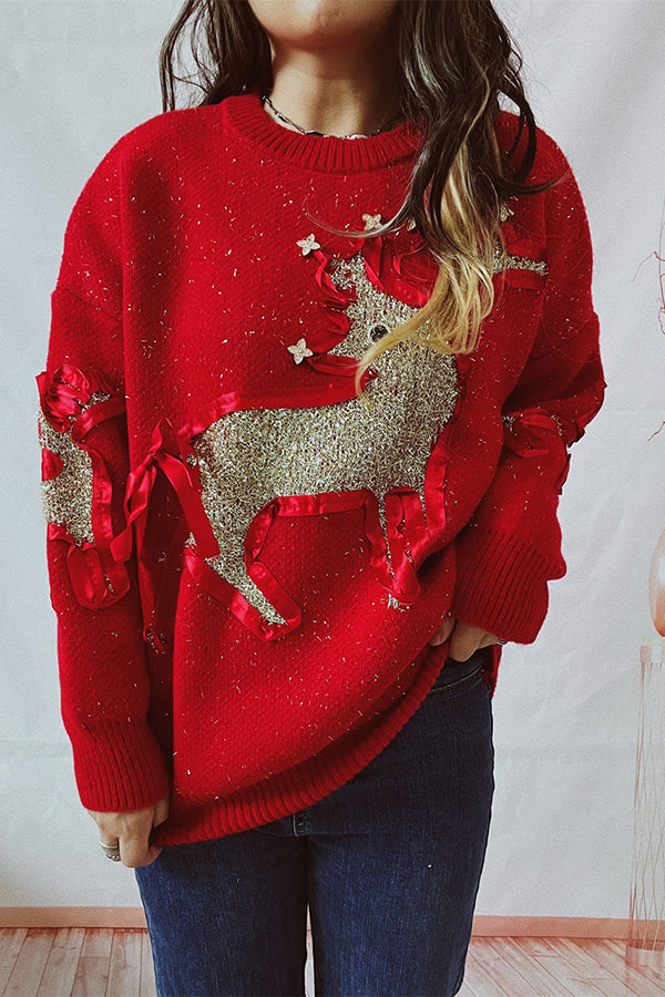 EB | Weihnachtsmuster Gestrickter Rundhalsausschnitt Langarmpullover