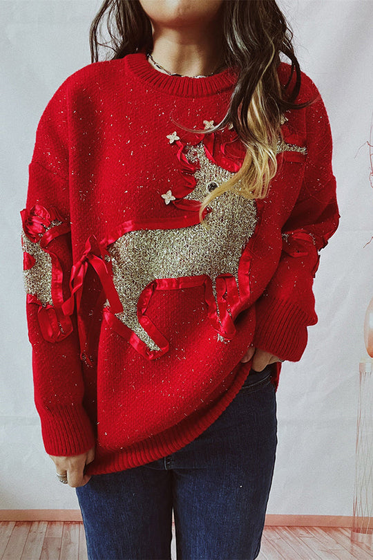 EB | Weihnachtsmuster Gestrickter Rundhalsausschnitt Langarmpullover