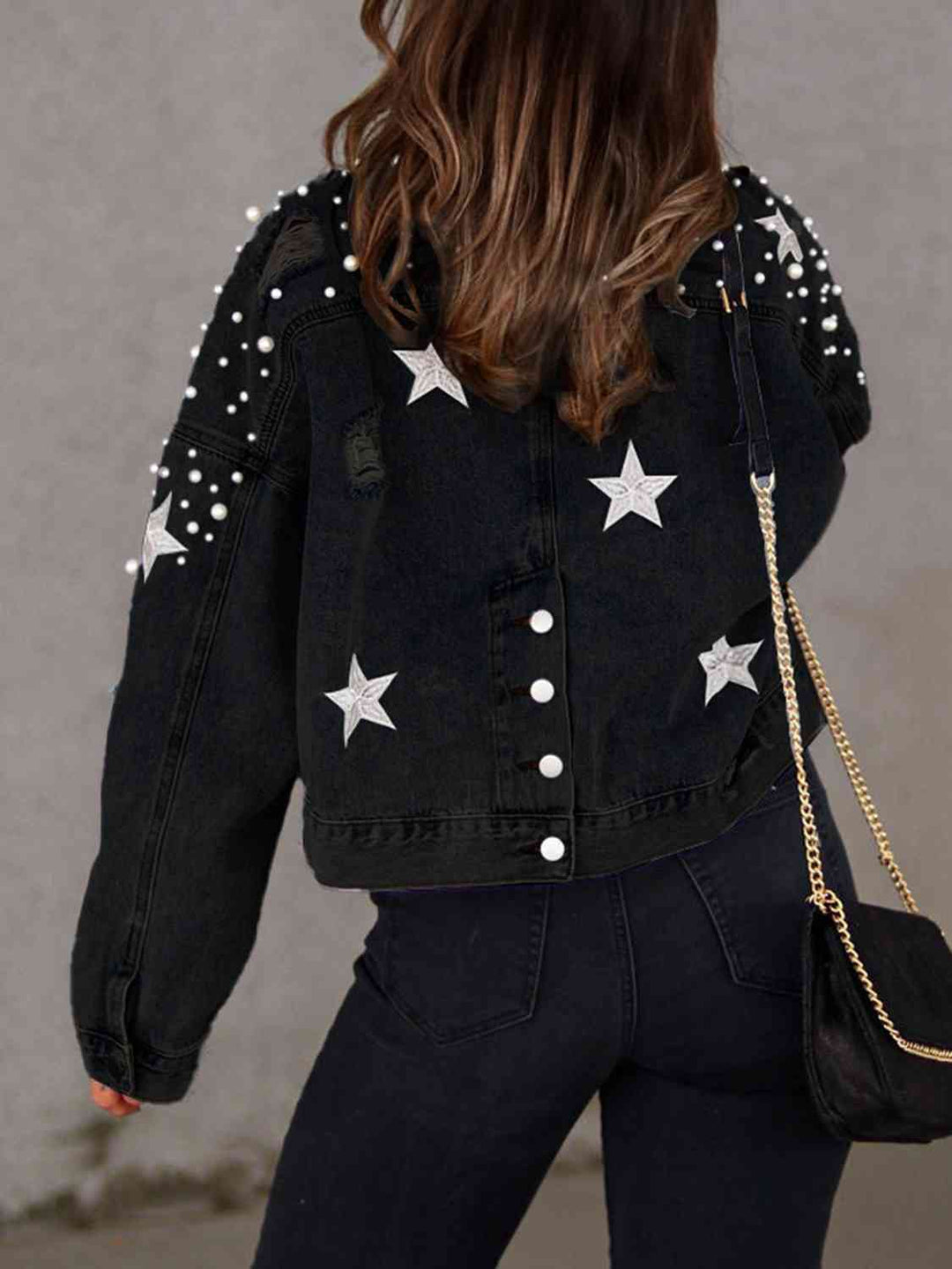 EB | Perlenbesatz Knopf-Down Denimjacke mit Taschen