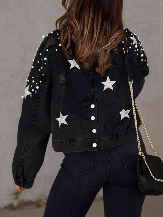 EB | Perlenbesatz Knopf-Down Denimjacke mit Taschen
