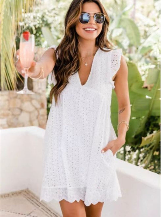 EB | Jacquard-Kleid mit hohlem V-Ausschnitt aus Spitze