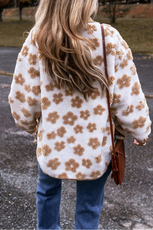 EB | Französisches Beige Süßes Blumenmuster Knopfleiste Fleecejacke