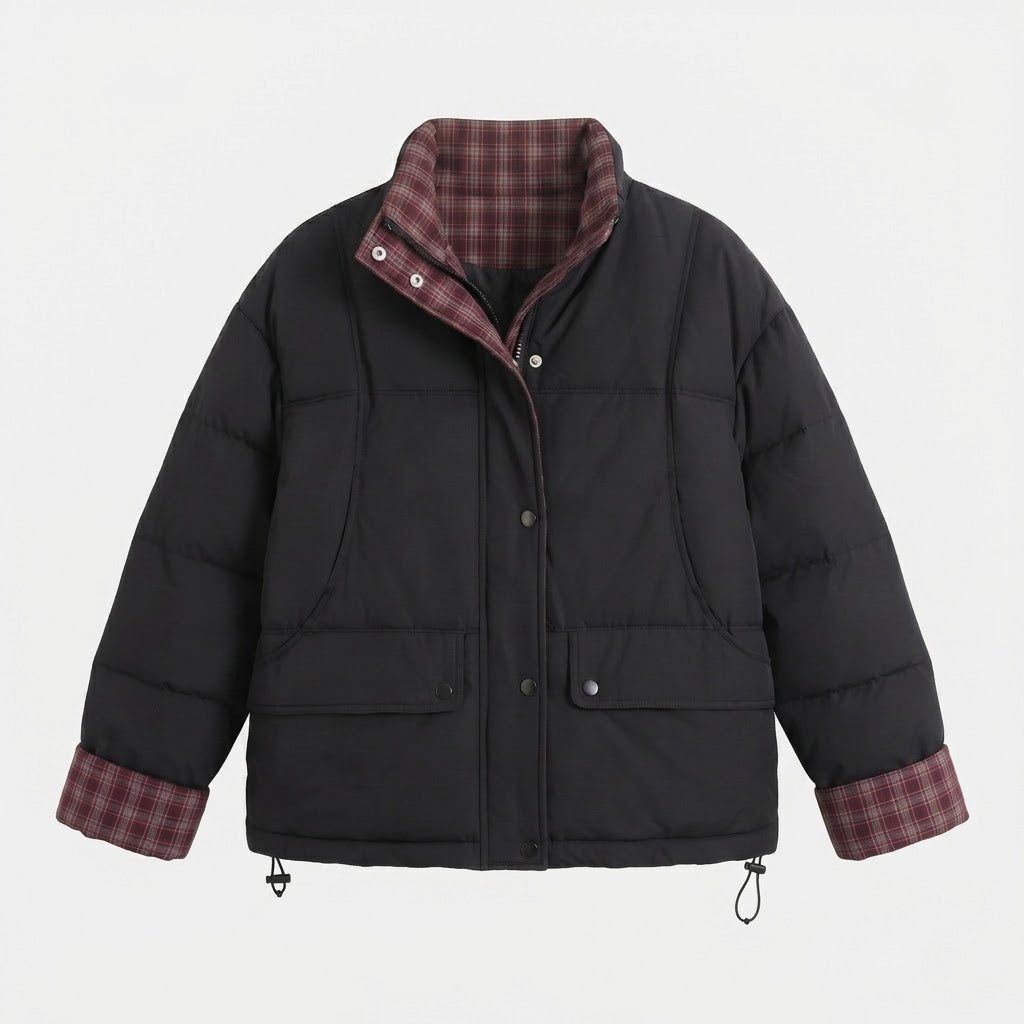 Damen nan kurzer wattierter Boxy-Blouson mit kariertem Innenfutter, hohem Kragen und aufgesetzten Klappentaschen EB