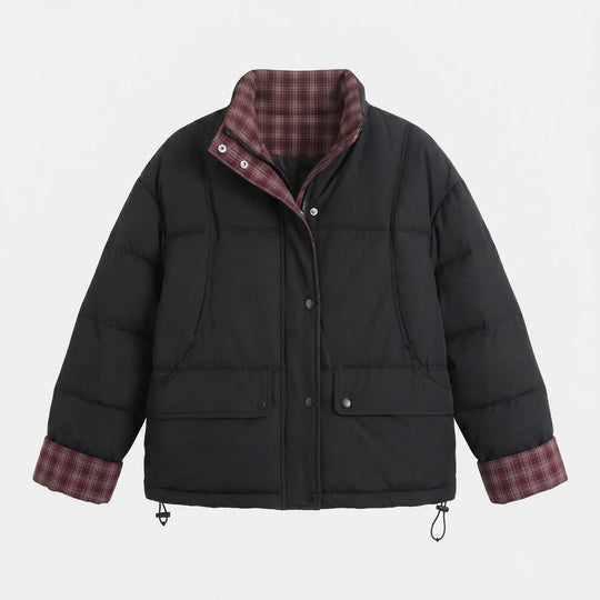 Damen nan kurzer wattierter Boxy-Blouson mit kariertem Innenfutter, hohem Kragen und aufgesetzten Klappentaschen EB