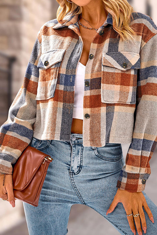 EB | Pocket Fashion Casual Cropped Damen Karierte Jacke