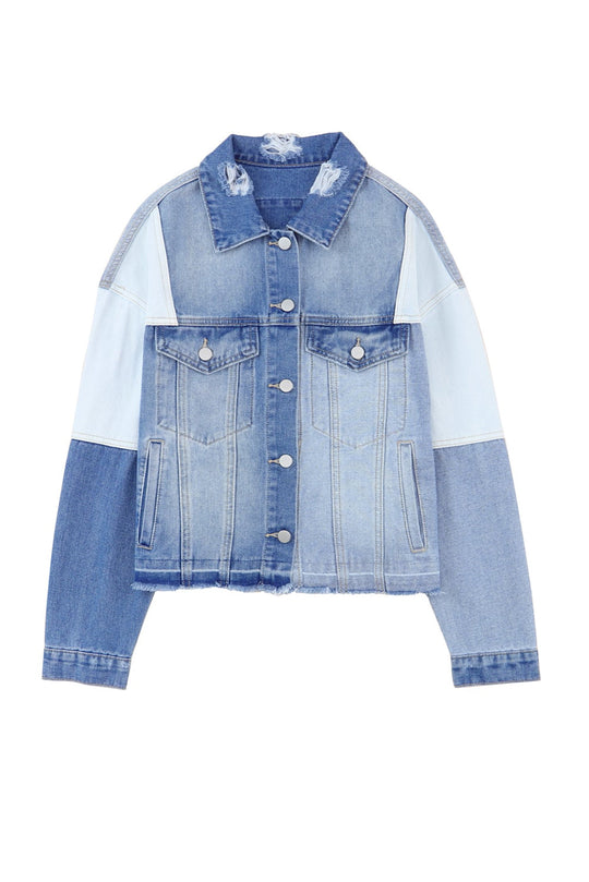 EB | Denimjacke mit Patchwork und Fransigem Saum Herbst Frauen