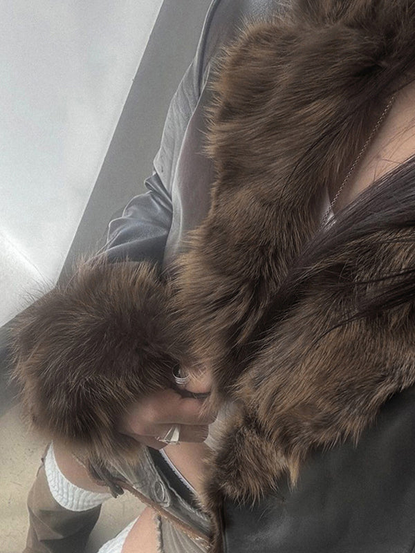 EB | Amerikanischer Stil Pelzkragen Patchwork Lederjacke