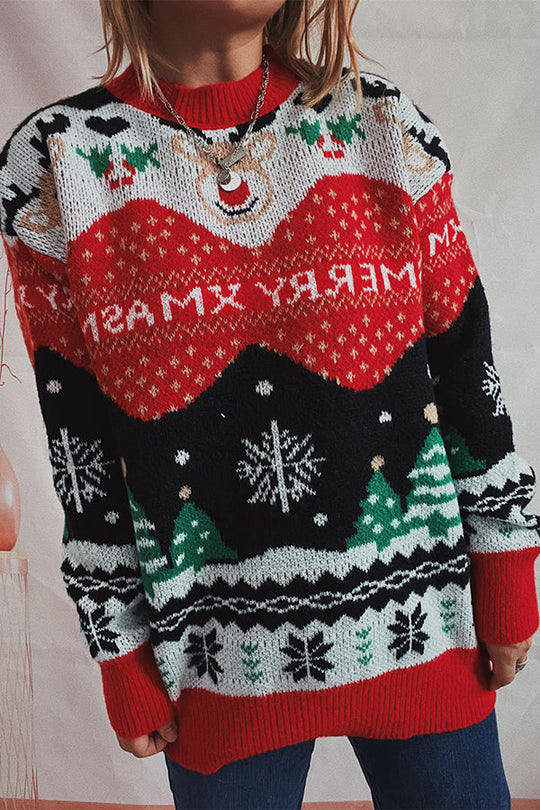 EB | Weihnachtsmuster Gestrickter Rundhalsausschnitt Langarmpullover