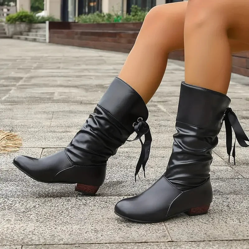 EB | Damenmode Schnürung Chunky Heel Stiefel Bis Zur Wade