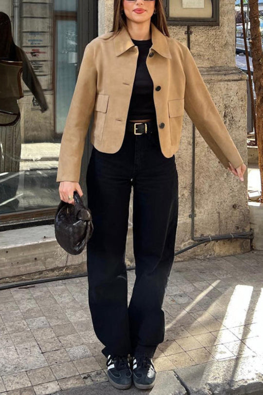 EB | Knopfverschluss Pocket Faux Suede Crop Jacke