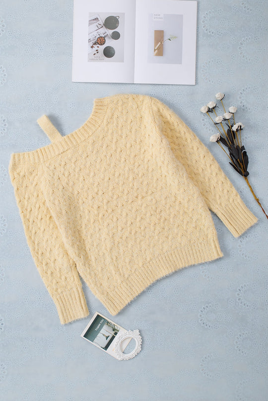 EB | Aprikosenfarbener asymmetrischer Ausschnitt Pullover mit kalten Schultern und Wimpern