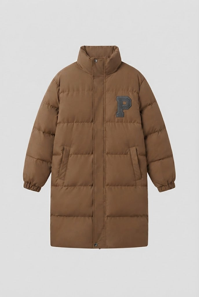 Damen nan langer boxiger Thermo-Puffer mit hohem Stehkragen, College-Patch und geräuscharmer Außenhülle EB