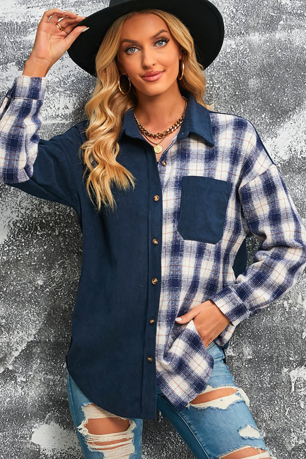 EB | Karierte Farbblock Gefallen Schulter Corduroy Shacket