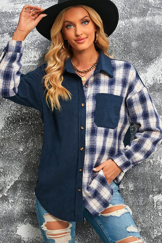 EB | Karierte Farbblock Gefallen Schulter Corduroy Shacket