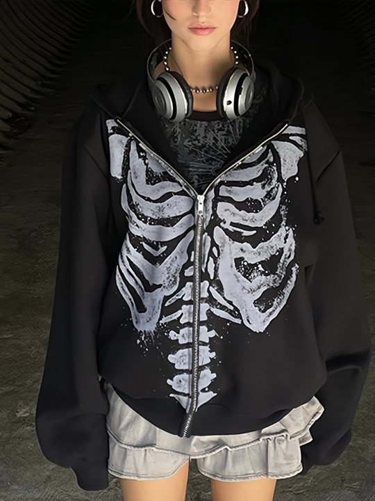 EB | Schwarze Oversized Hoodie mit Skelettdruck