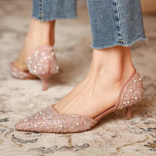 EB | Stilvolle Schuhe mit Spitzer Zehe und Mittlerem Absatz mit Glitzeroberfläche
