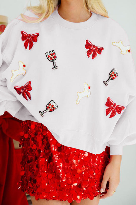 EB | Weihnachtsbogen-Wein-Glas Pailletten Lockere Lange Ärmel Sweatshirt