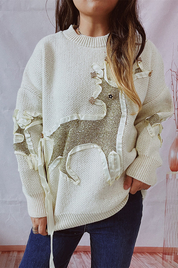 EB | Weihnachtsmuster Gestrickter Rundhalsausschnitt Langarmpullover