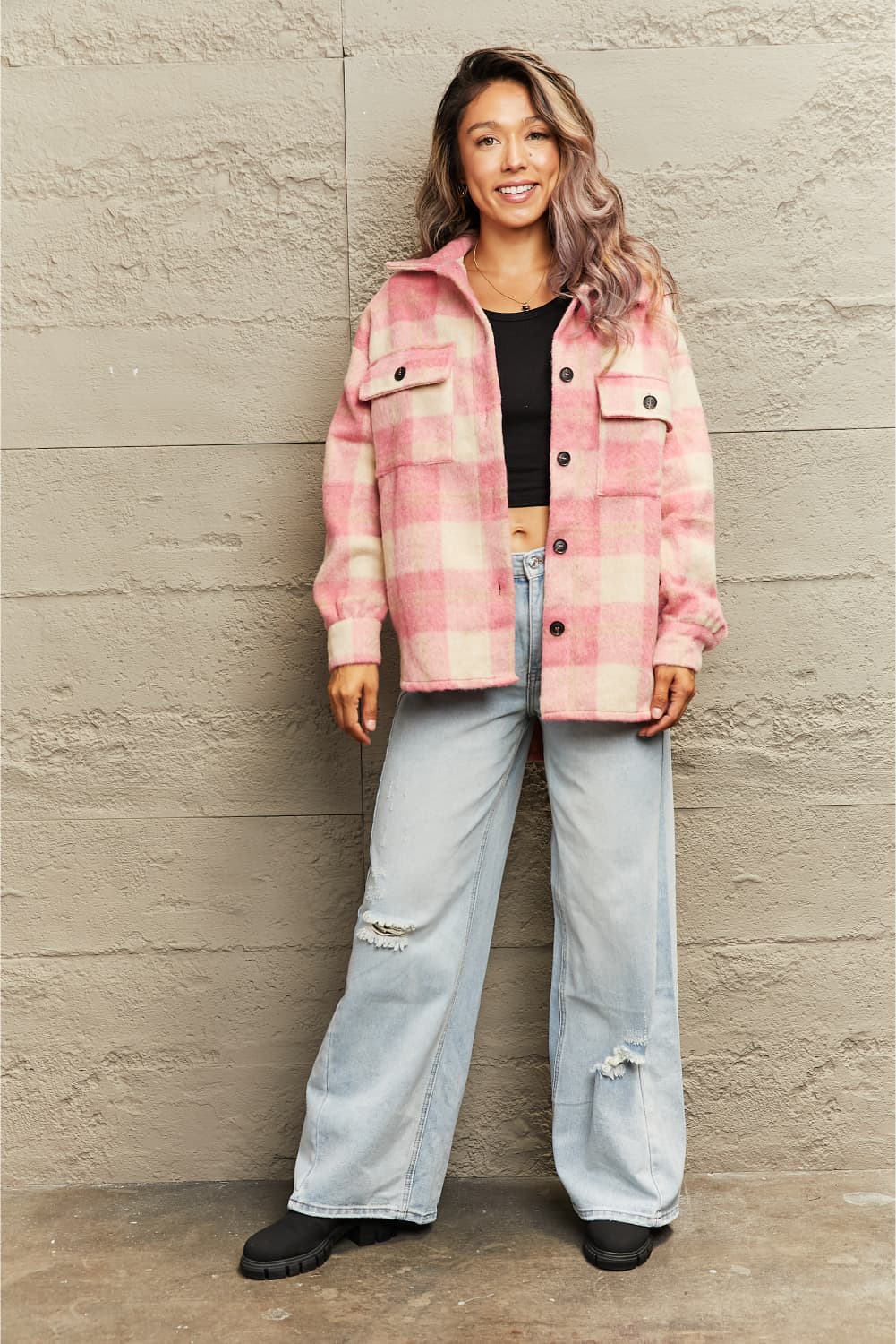EB | Karierte Kragenknopf Jacke