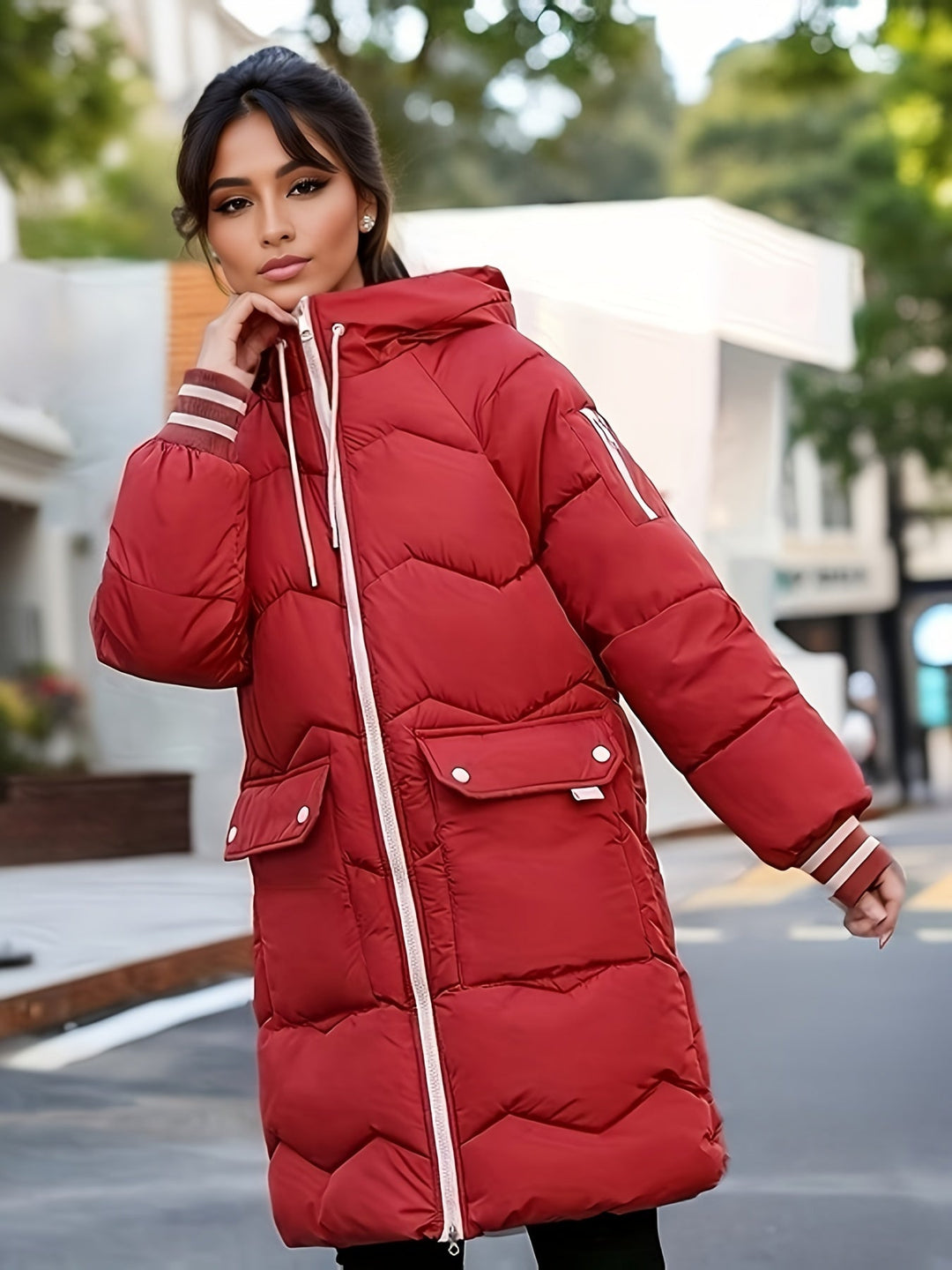 EB | Dicke, Lässige Winterjacke mit Taschen und Kapuze für Frauen Ideal für Herbst und Winter