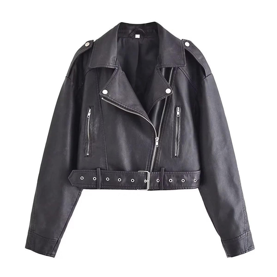 EB | Damen PU Motorradjacke mit Reißverschluss und Gürtel