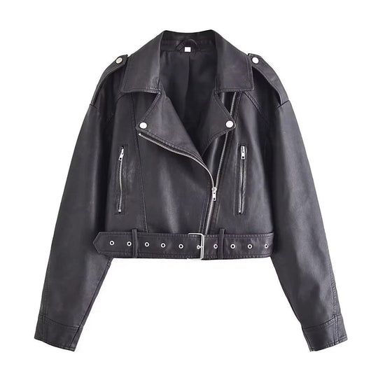 EB | Damen PU Motorradjacke mit Reißverschluss und Gürtel