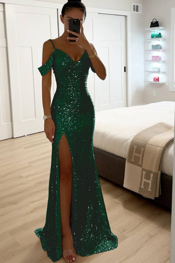 EB | Paillettenspitze Meerjungfrau Abschlussballkleider mit Schlitz Off-Shoulder Abendkleid
