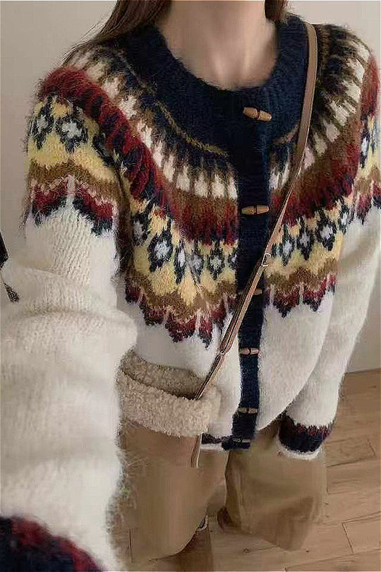 EB | Rundhals Fair Isle Weihnachten Hornknopf Strickjacke