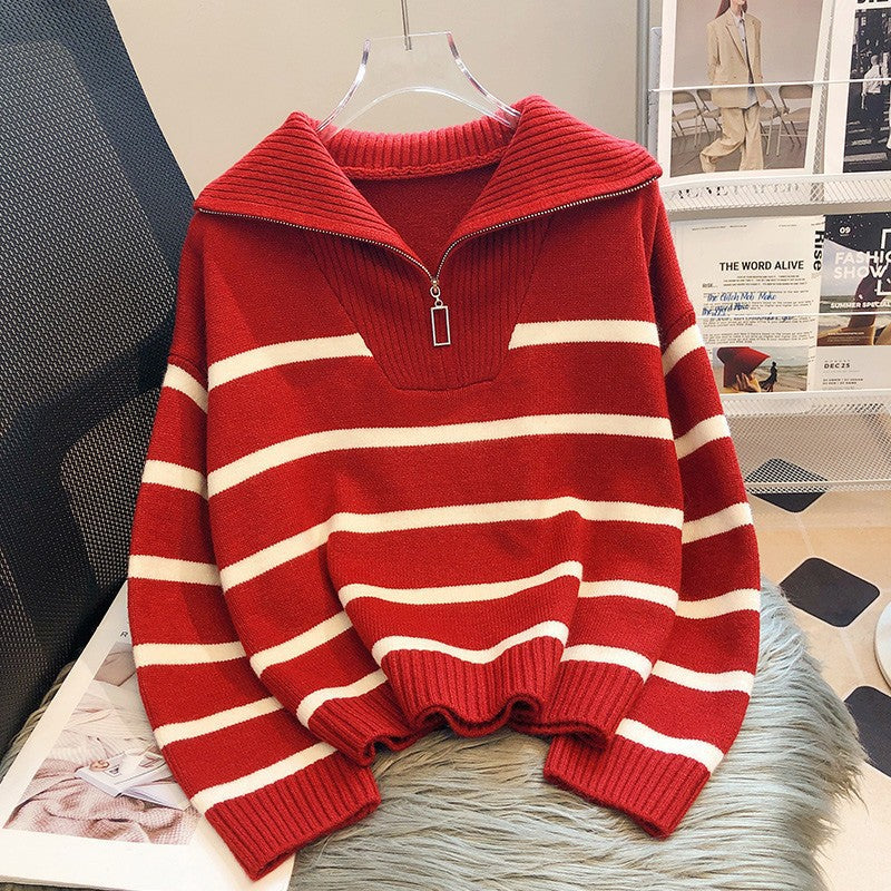 EB | Modischer locker sitzender gestreifter -Pullover mit Reißverschluss ideal für den Winter