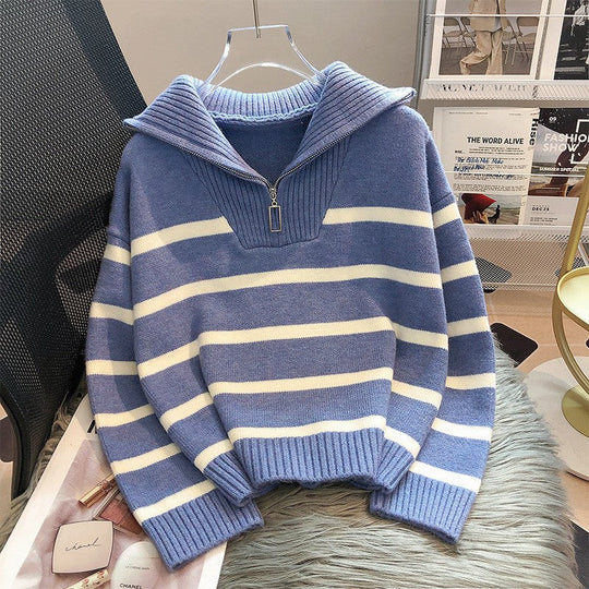 EB | Modischer locker sitzender gestreifter -Pullover mit Reißverschluss ideal für den Winter