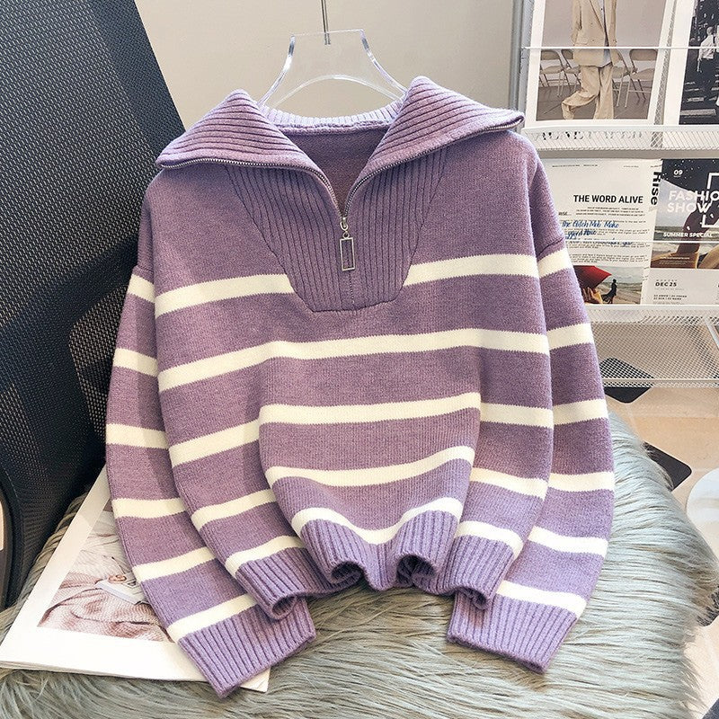 EB | Modischer locker sitzender gestreifter -Pullover mit Reißverschluss ideal für den Winter