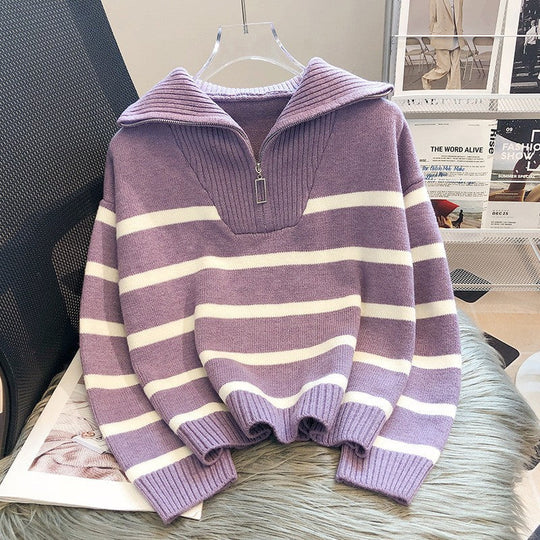 EB | Modischer locker sitzender gestreifter -Pullover mit Reißverschluss ideal für den Winter