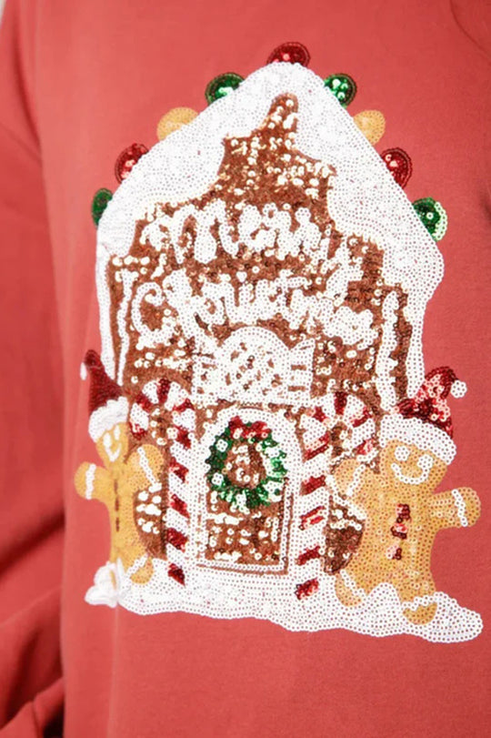 EB | Weihnachts Süßigkeitenhaus Pailletten Lässiger Lockere Pullover