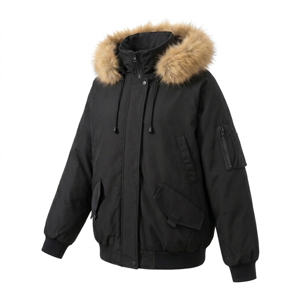 Damen nan kurzer thermoisolierter Kapuzenparka im Boxy-Cut mit abnehmbarer Webpelzblende und Multifunktions-Taschen EB