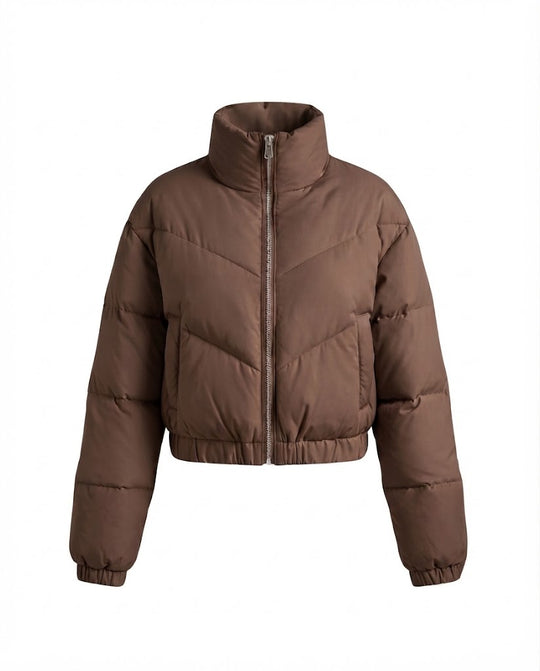Damen nan kurzes wattiertes Cropped-Pufferjäckchen mit hohem Stehkragen und elastischem Saum EB