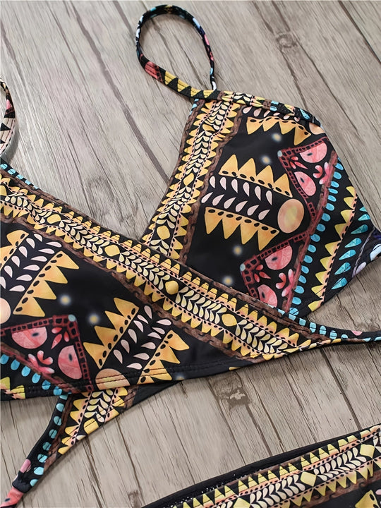EB | Boho Bikini Set Zwei Teile mit Hoher Taille und Tribal-Muster, Ohne Träger
