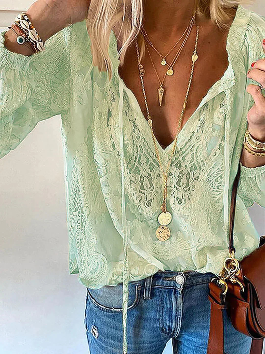 EB | V-Ausschnitt Spitzen Chiffon Bluse