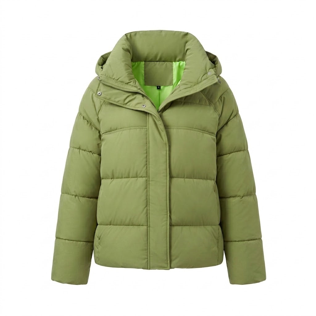Damen nan kurzer wattierter Oversize-Steppjacke mit hohem Stehkragen und verstellbarem Kordelzug EB
