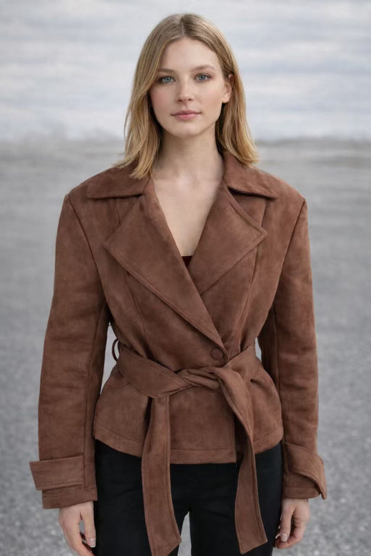 Damen Luxus Wildlederjacke mit taillierbarem Gürtel und elegantem Revers EB
