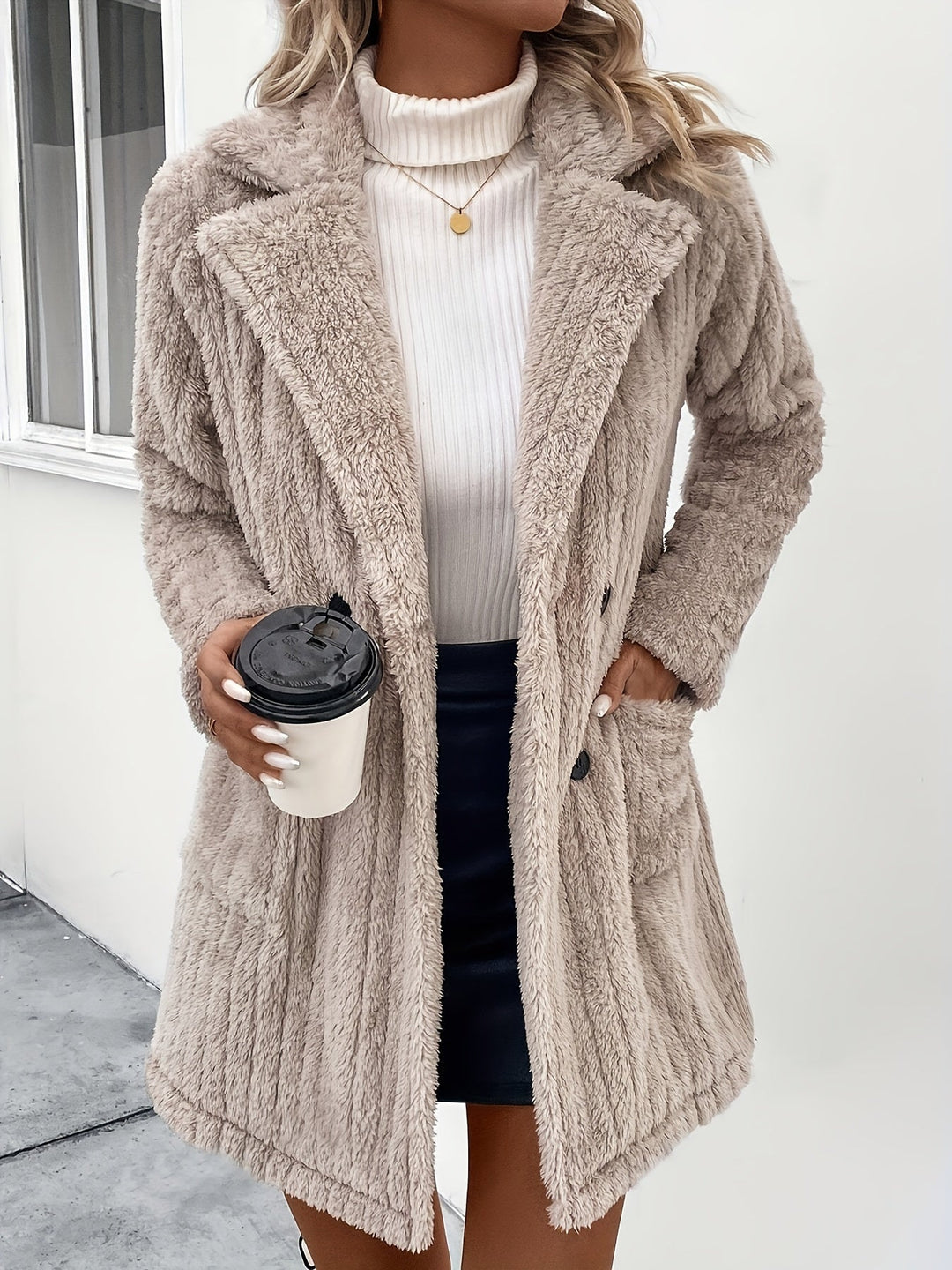 EB | Doppelknopf-plüschjacke mit Reverskragen Polyester Weich und Warm
